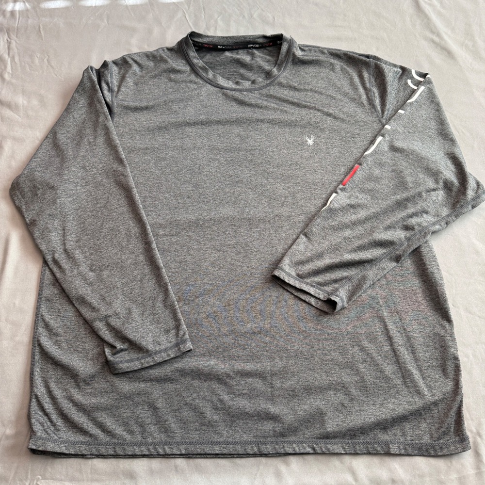 Spyder Swim Mens Rash Guard Long Sleeve Charcoal Gray Heather Surf Shirt Logo